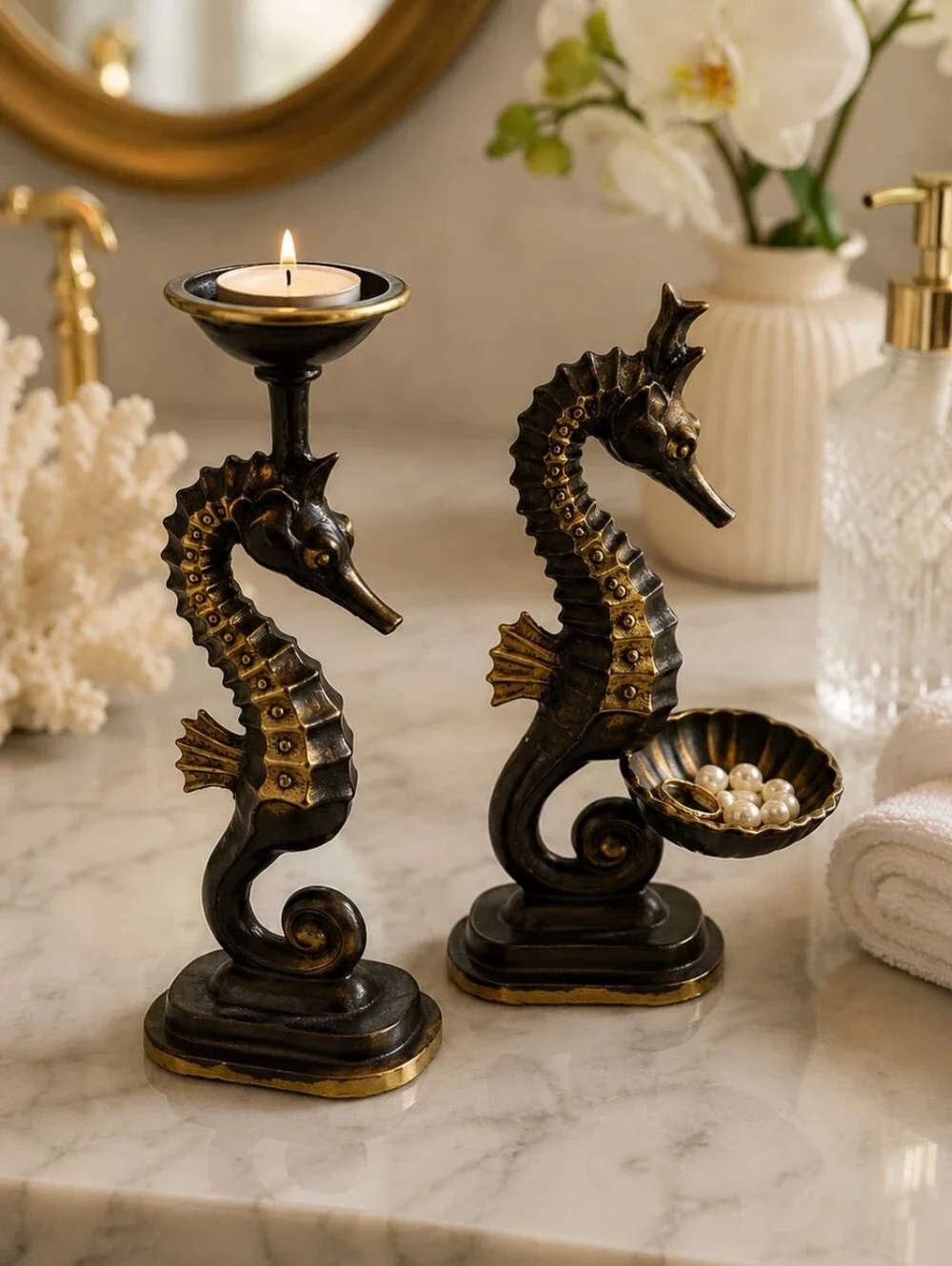 Vintage Cast Brass Seahorse Tealight & Trinket Dish Coastal Vanity Set